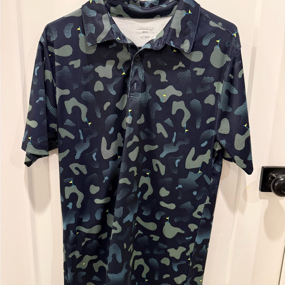 BCG Men's Navy and Green Patterned Polo Shirt